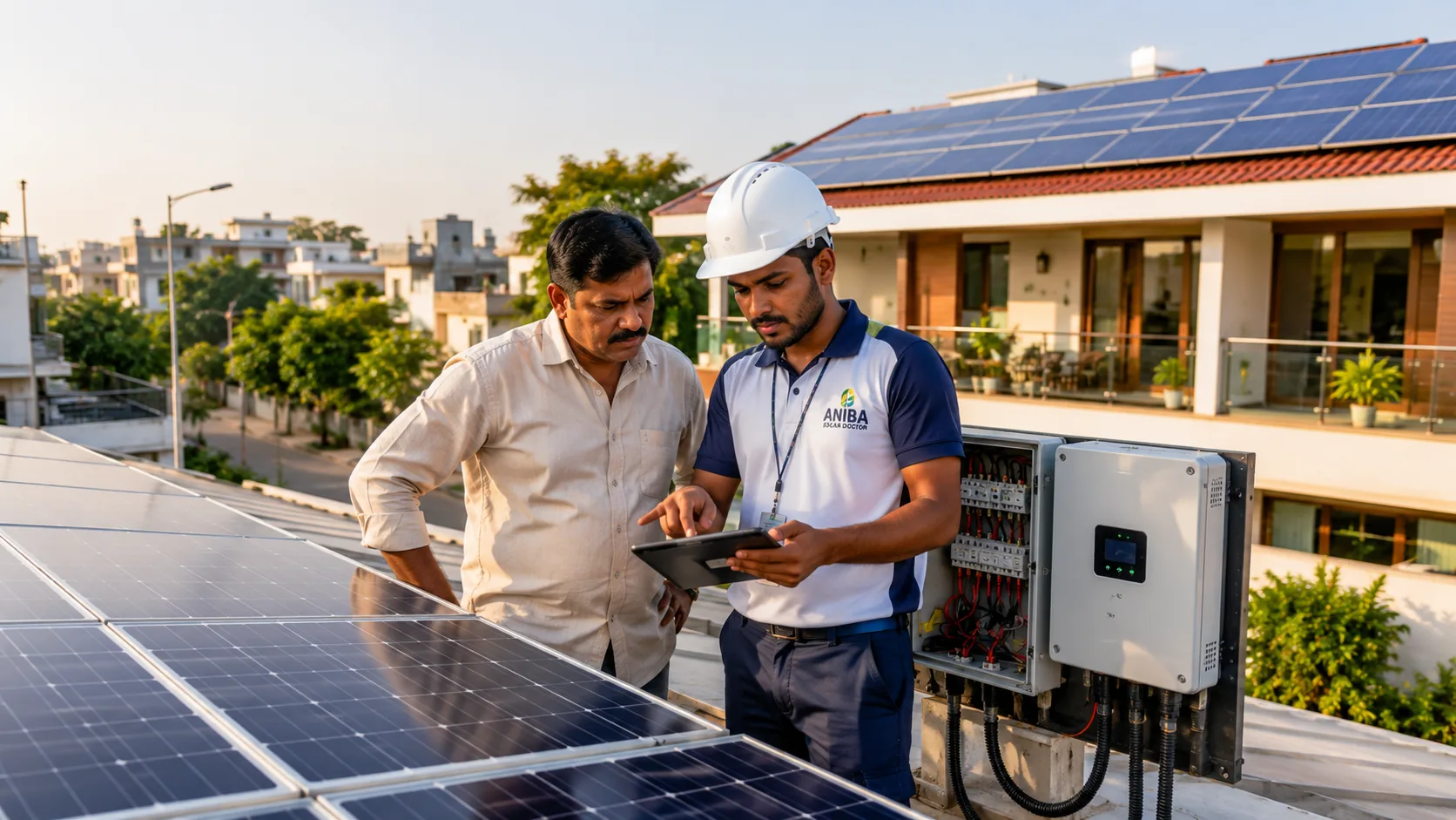 ANIBA Solar Doctor engineer reviewing rooftop solar performance with a client on a tablet