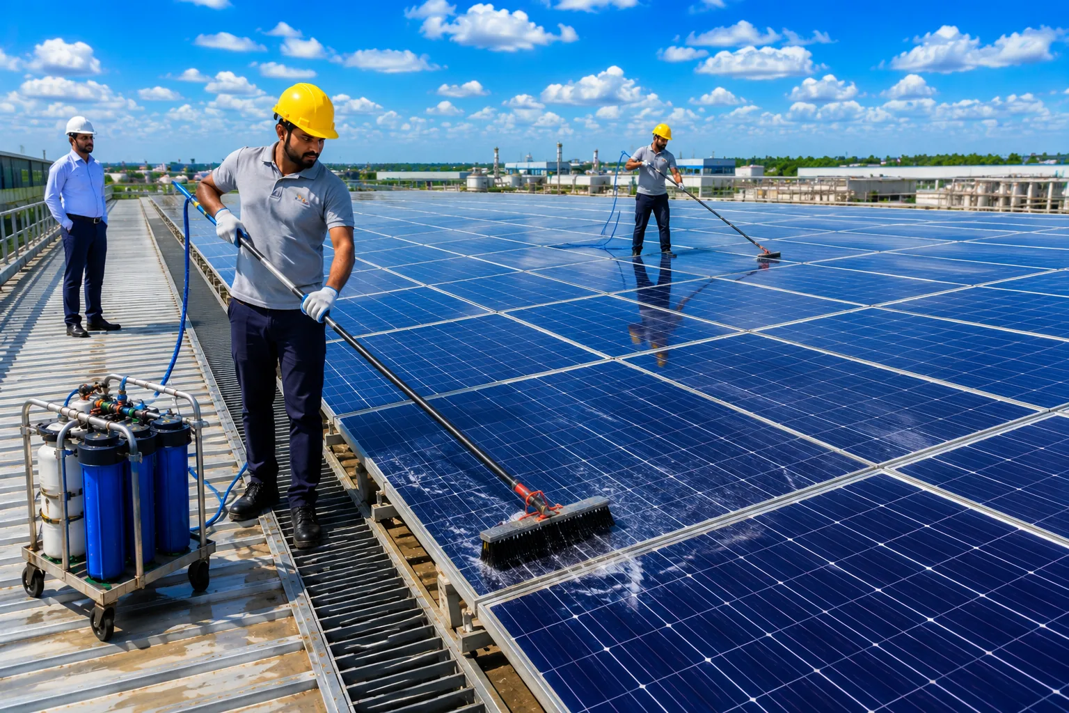 Technicians cleaning solar panels with de-ionised water to remove dust losses