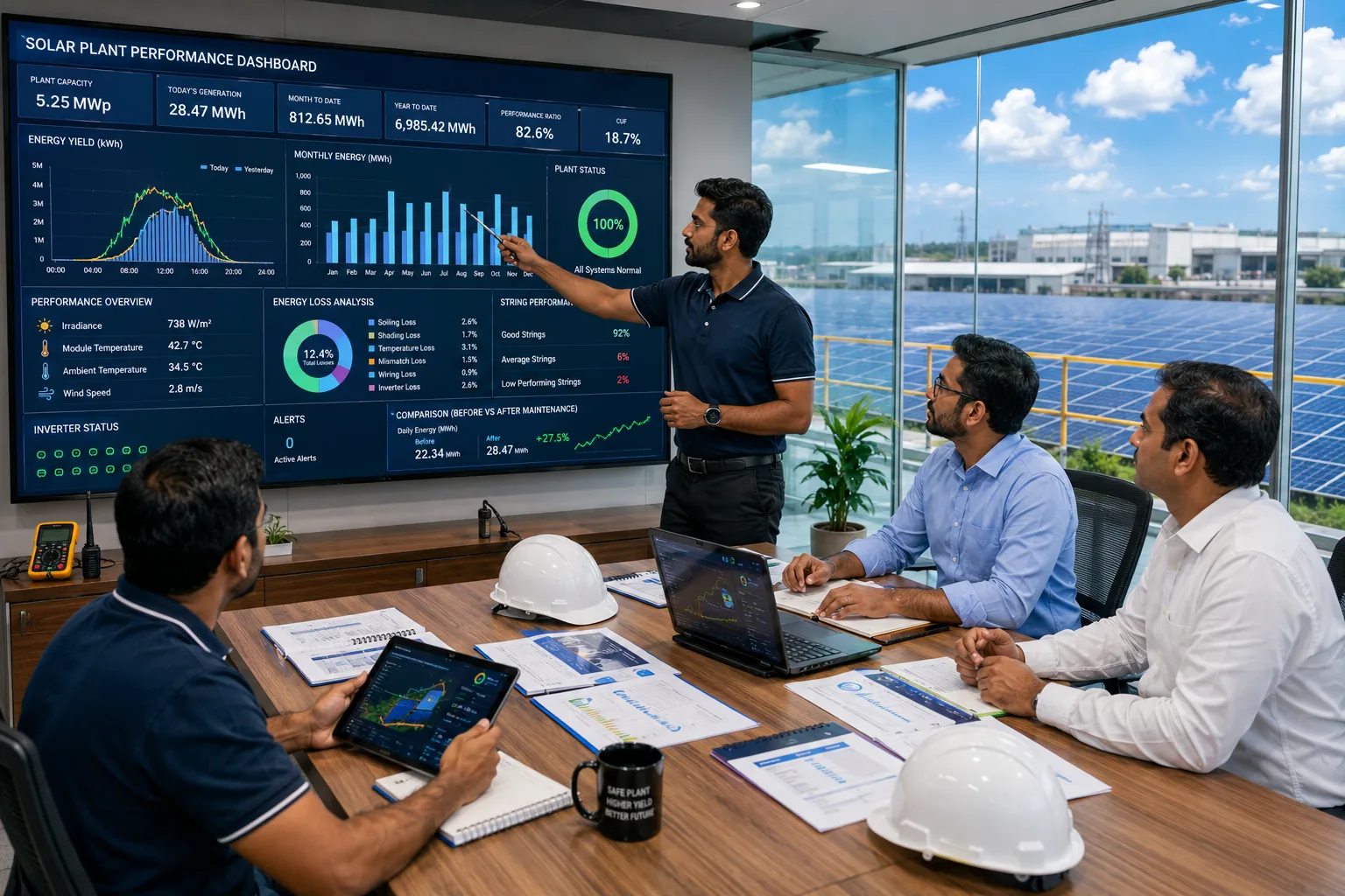 Solar plant performance dashboard showing energy loss analysis