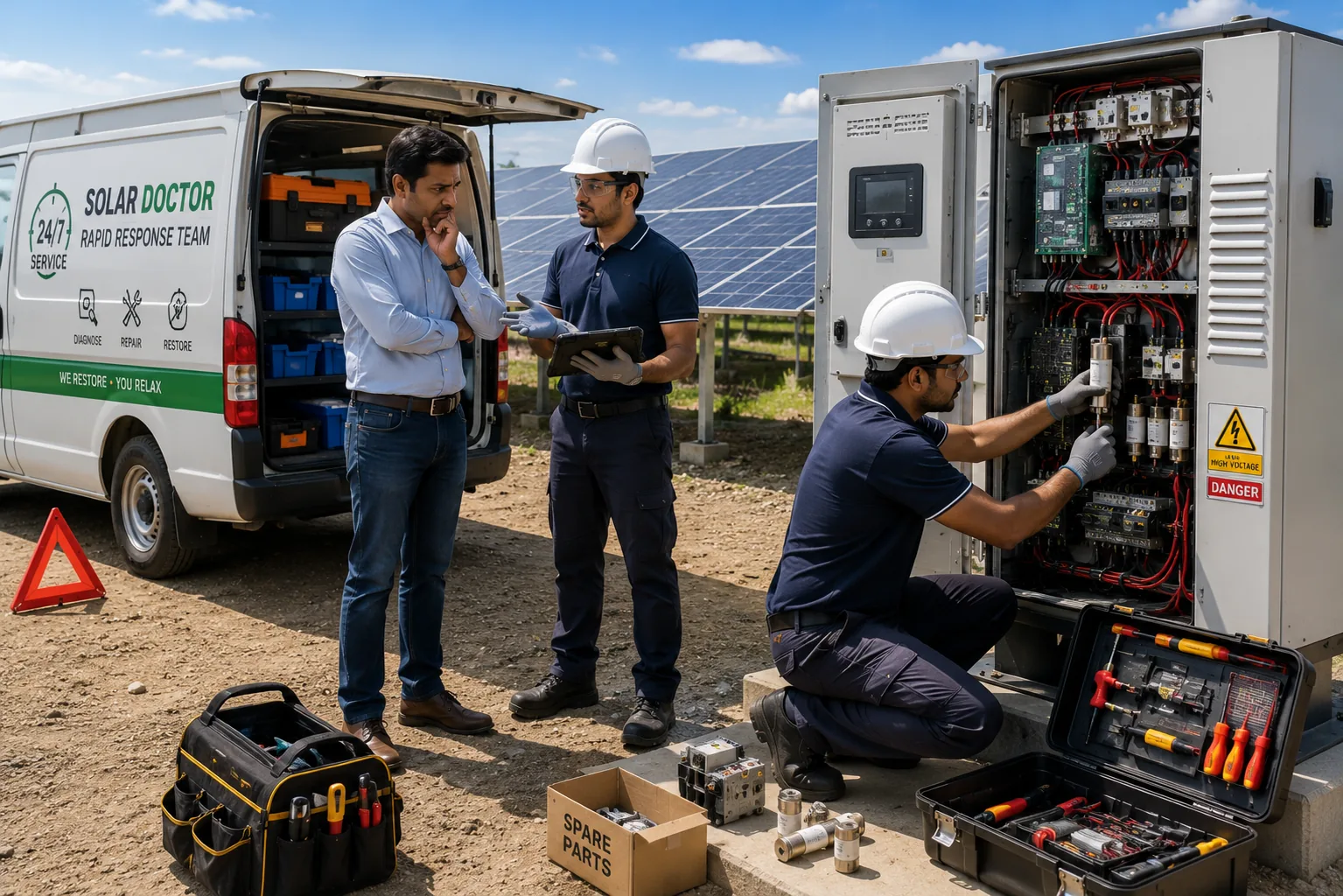 Solar Doctor 24/7 rapid response van and spare parts at a plant breakdown