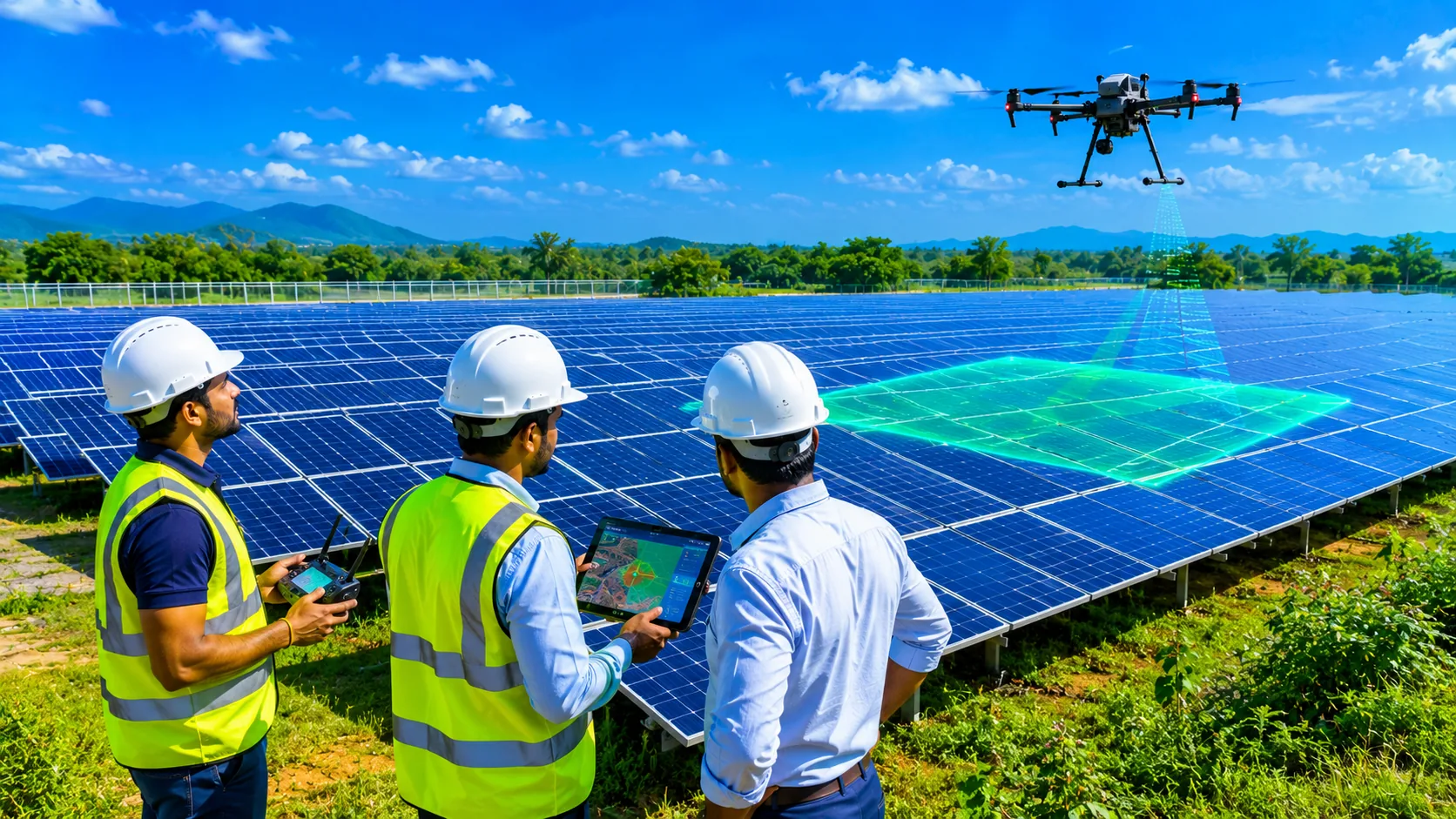 Drone thermal inspection scanning a solar farm for defects