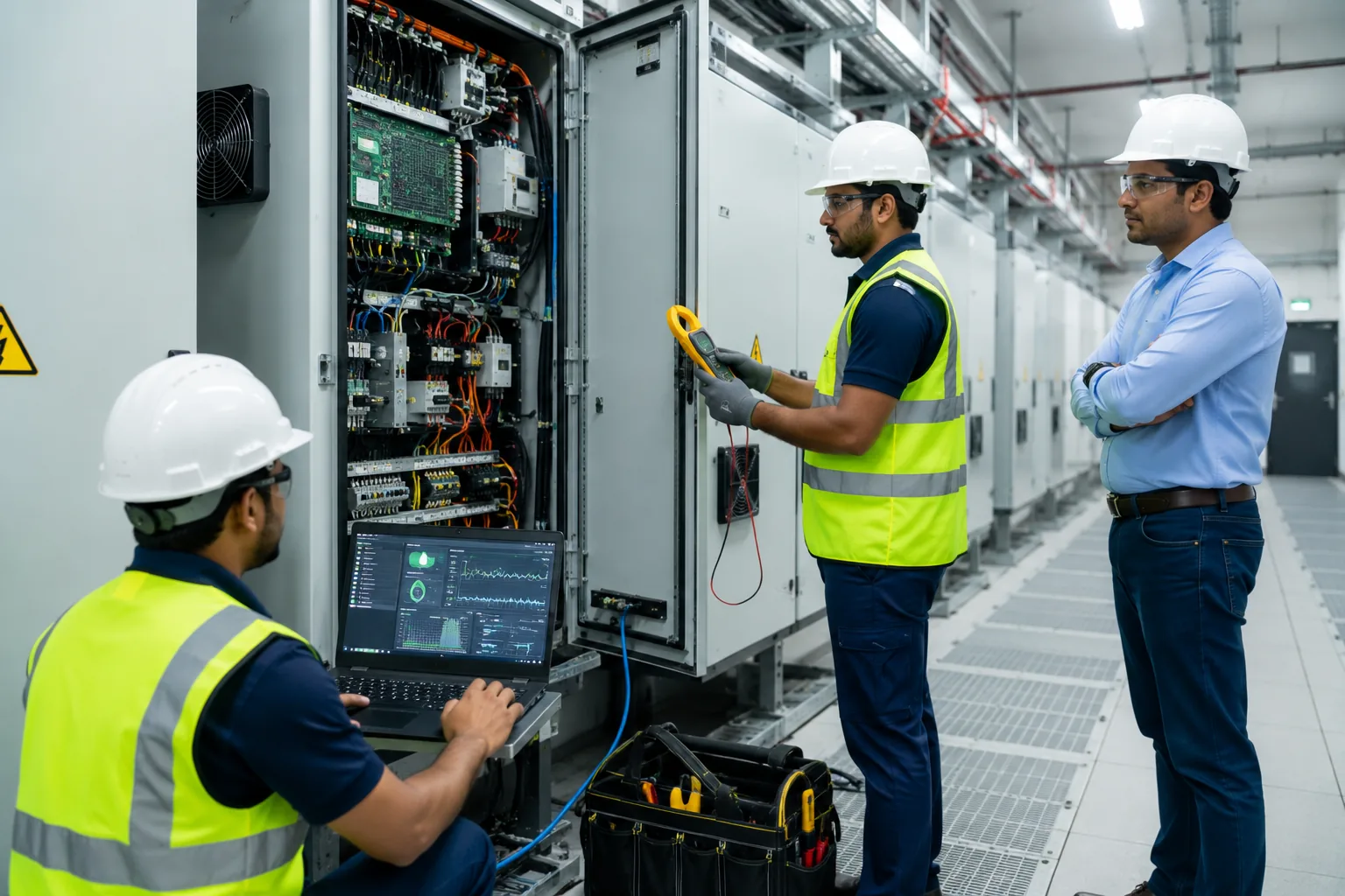 Engineers monitoring inverter and SCADA data in a control room