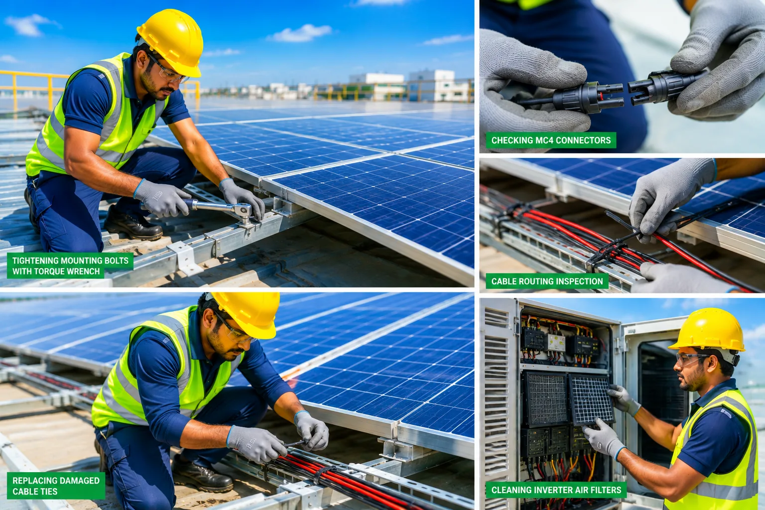 Preventive maintenance checks — torque, MC4 connectors, cable ties and inverter filters