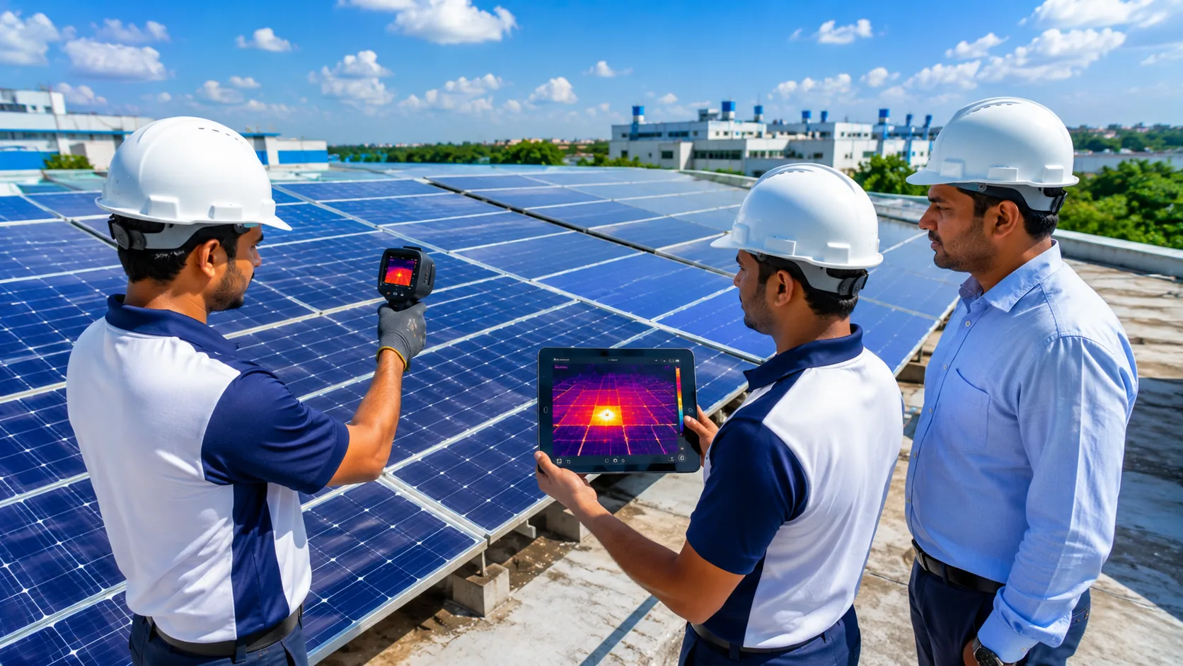 Engineer using a thermal camera to inspect solar modules